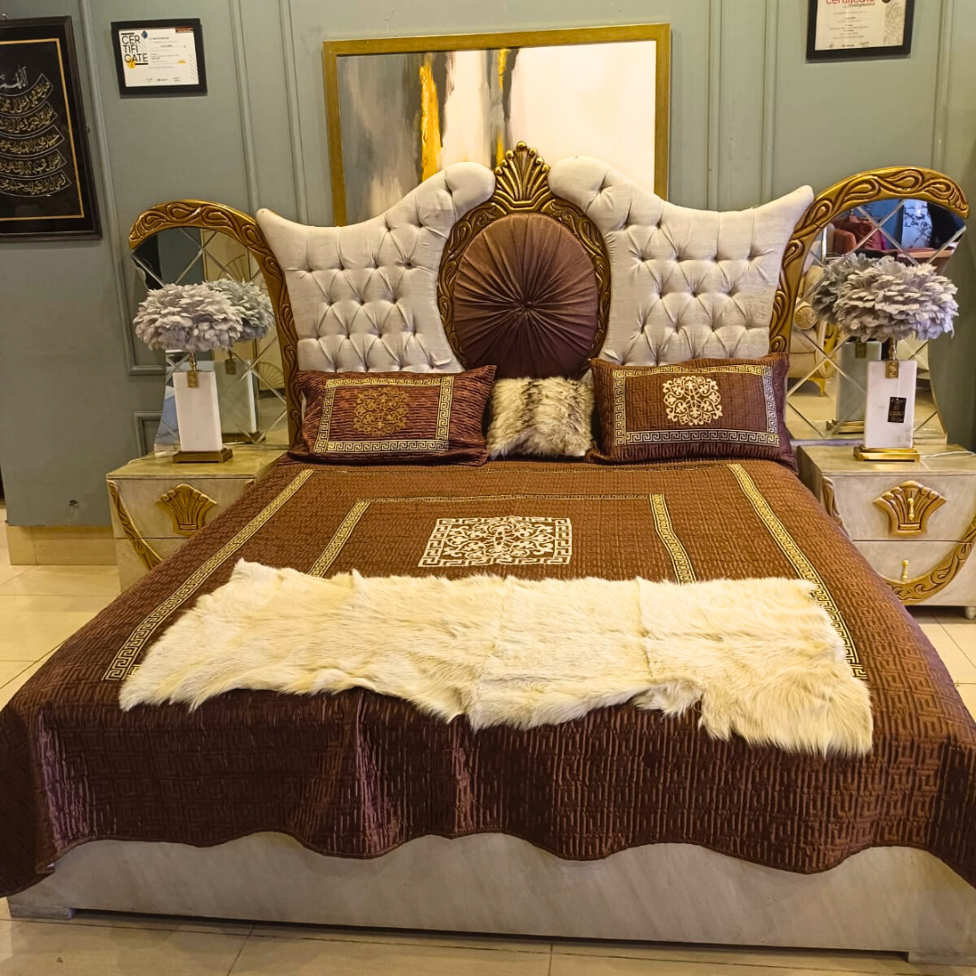 European Style Solid Wood With Velvet Upholestry Bed Set