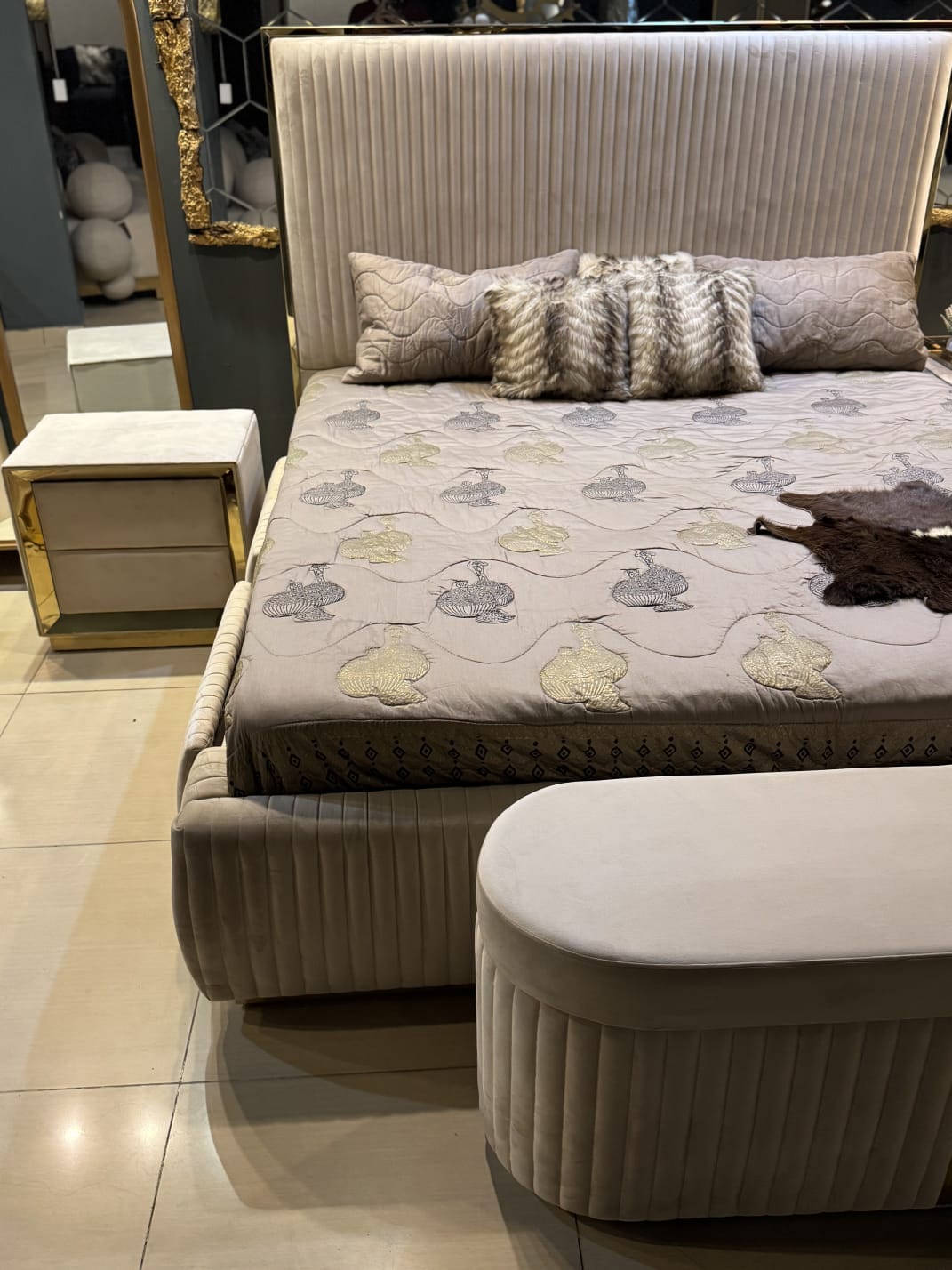 LUXURY BEIGE BED WITH STORAGE COMPARTMENT