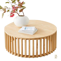 Contemporary Round Central Side Table Wooden Slender Strips Coffee Table