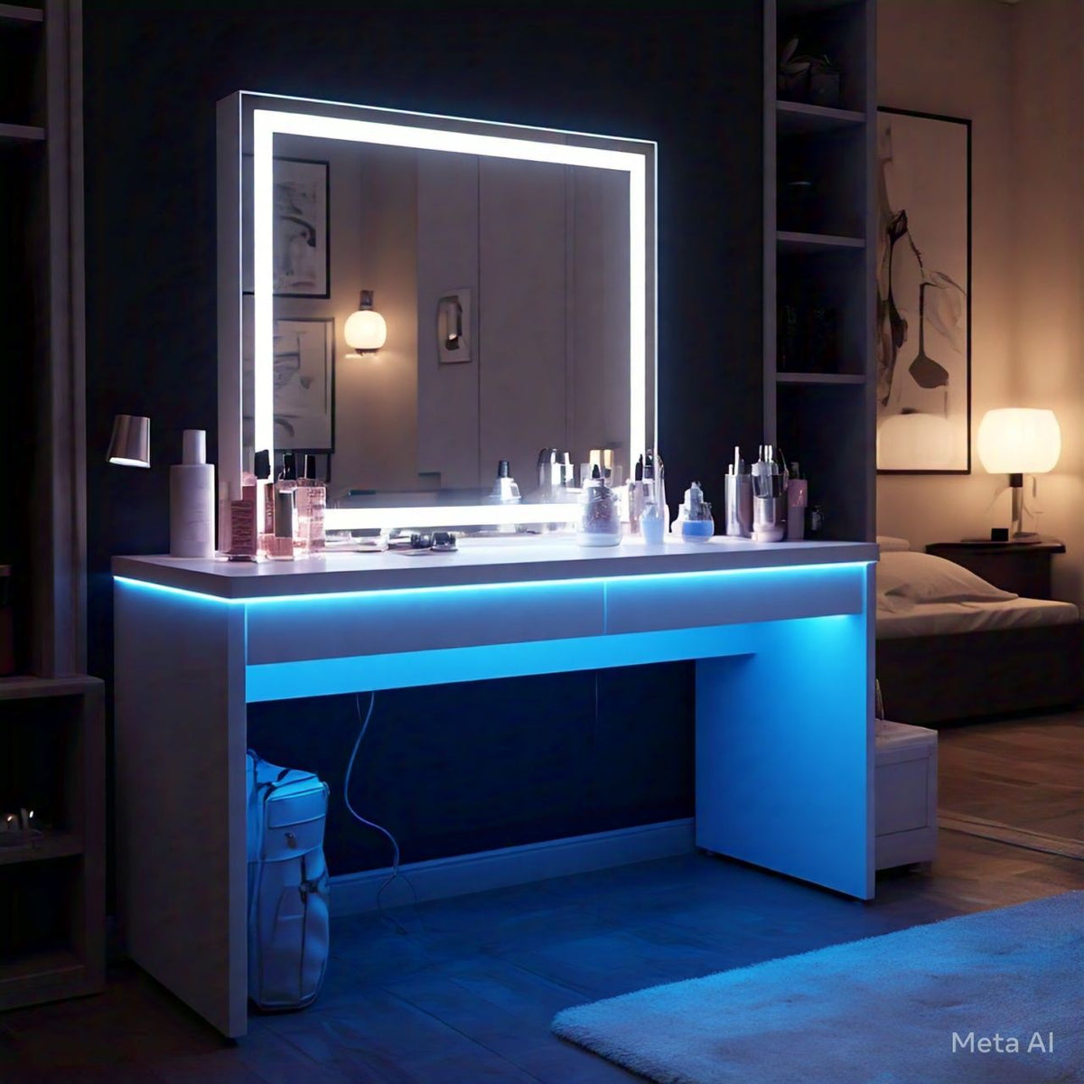 White Dressing Table with Mirror and Neon Blue Lights: