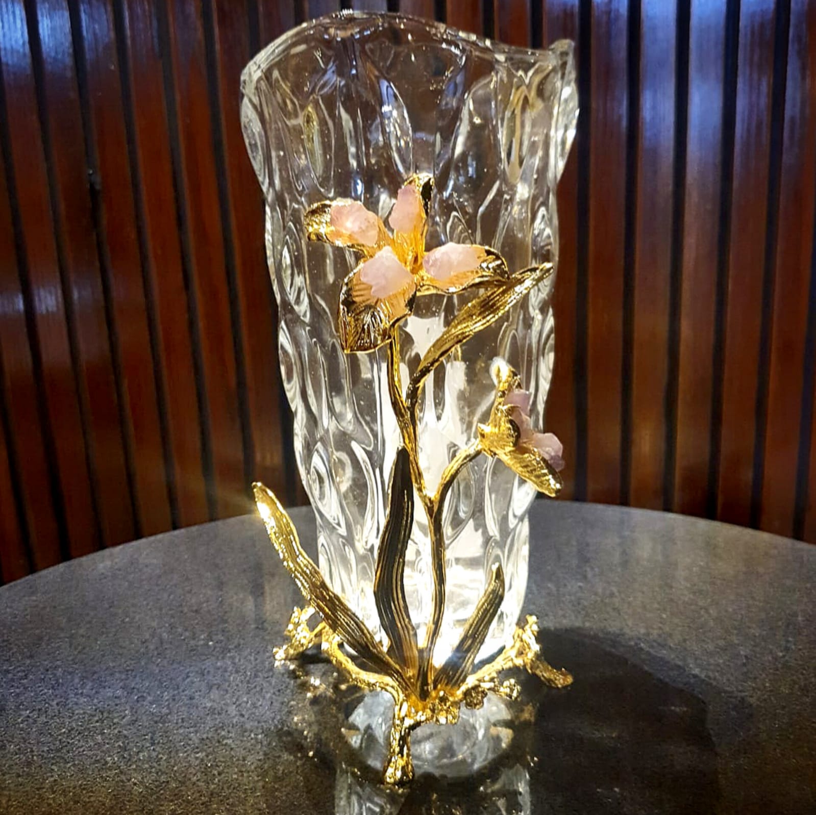 Glass Vase Metal Relief Golden Flower