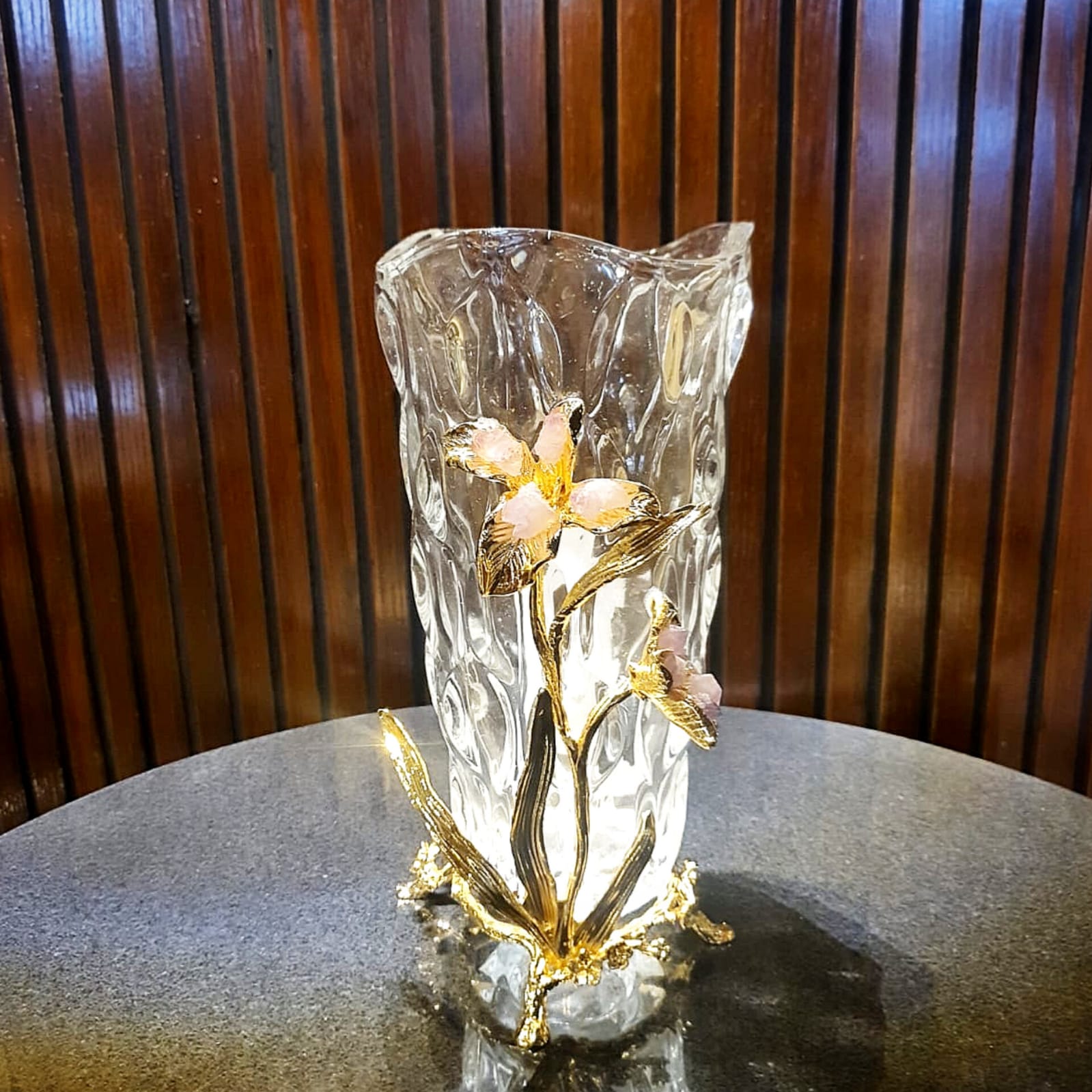 Glass Vase Metal Relief Golden Flower